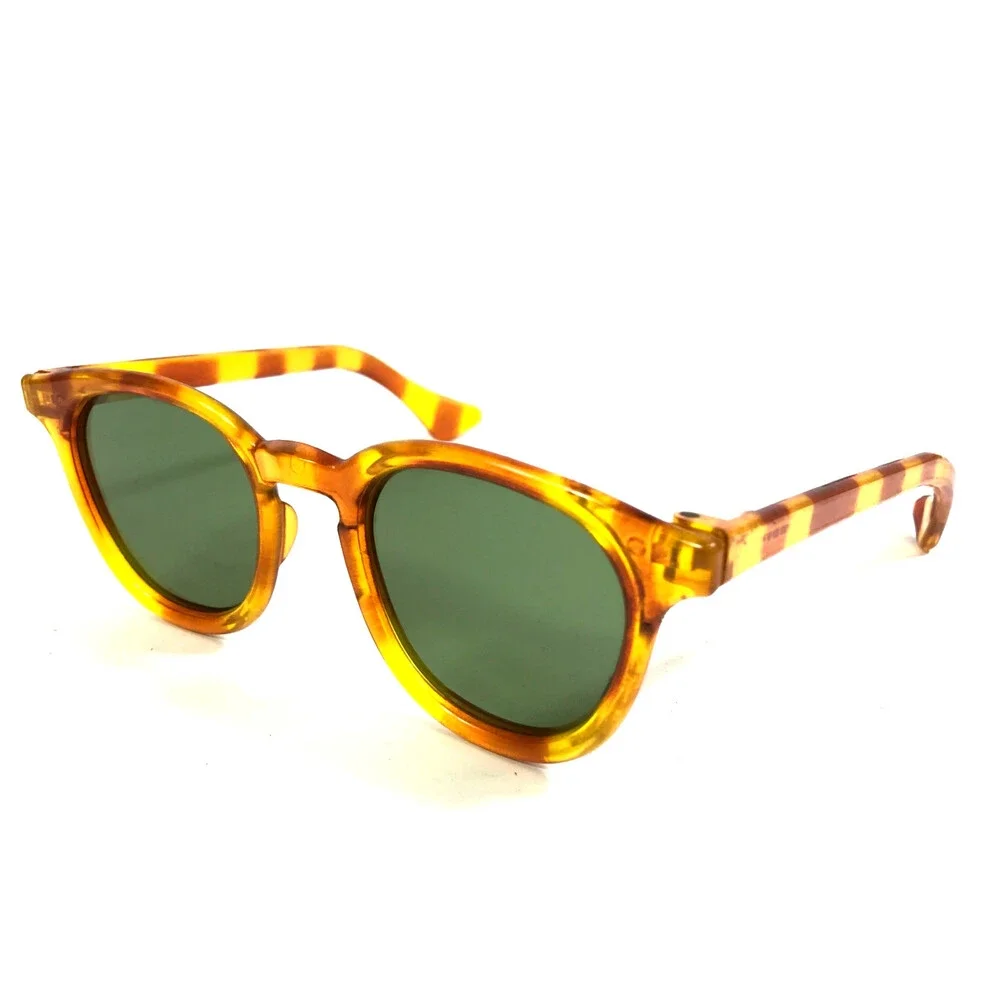 Vintage Sunglasses Yellow Brown Tortoise Round Frames with Green Glass Lenses